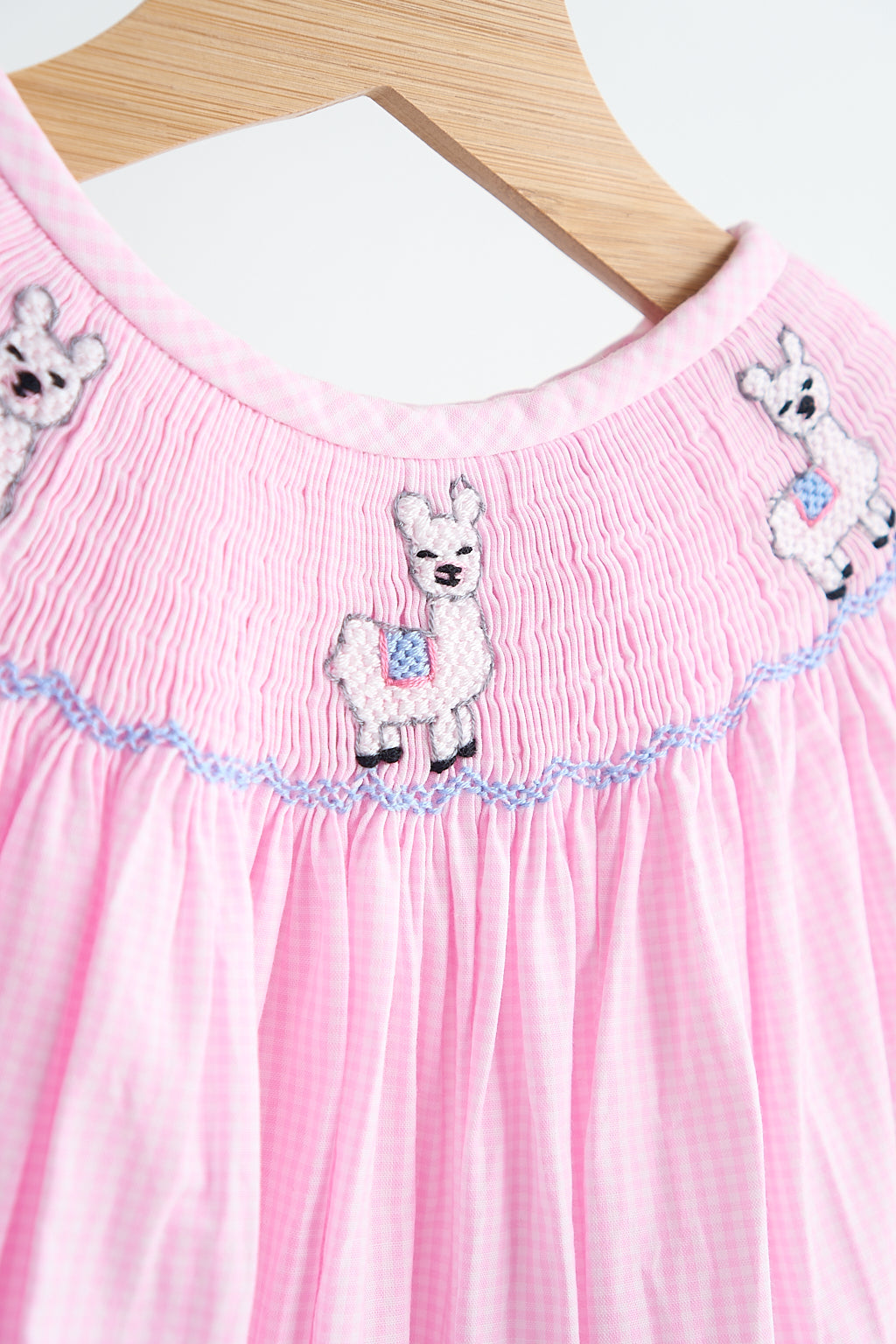 Pink alpaca hand smocked gingham girl romper - Aaria Tees Aaria Tees