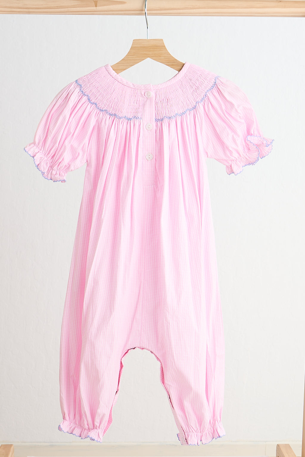 Pink alpaca hand smocked gingham girl romper - Aaria Tees Aaria Tees