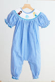 Blue snow princess hand smocked gingham girl romper - Aaria Tees Aaria Tees