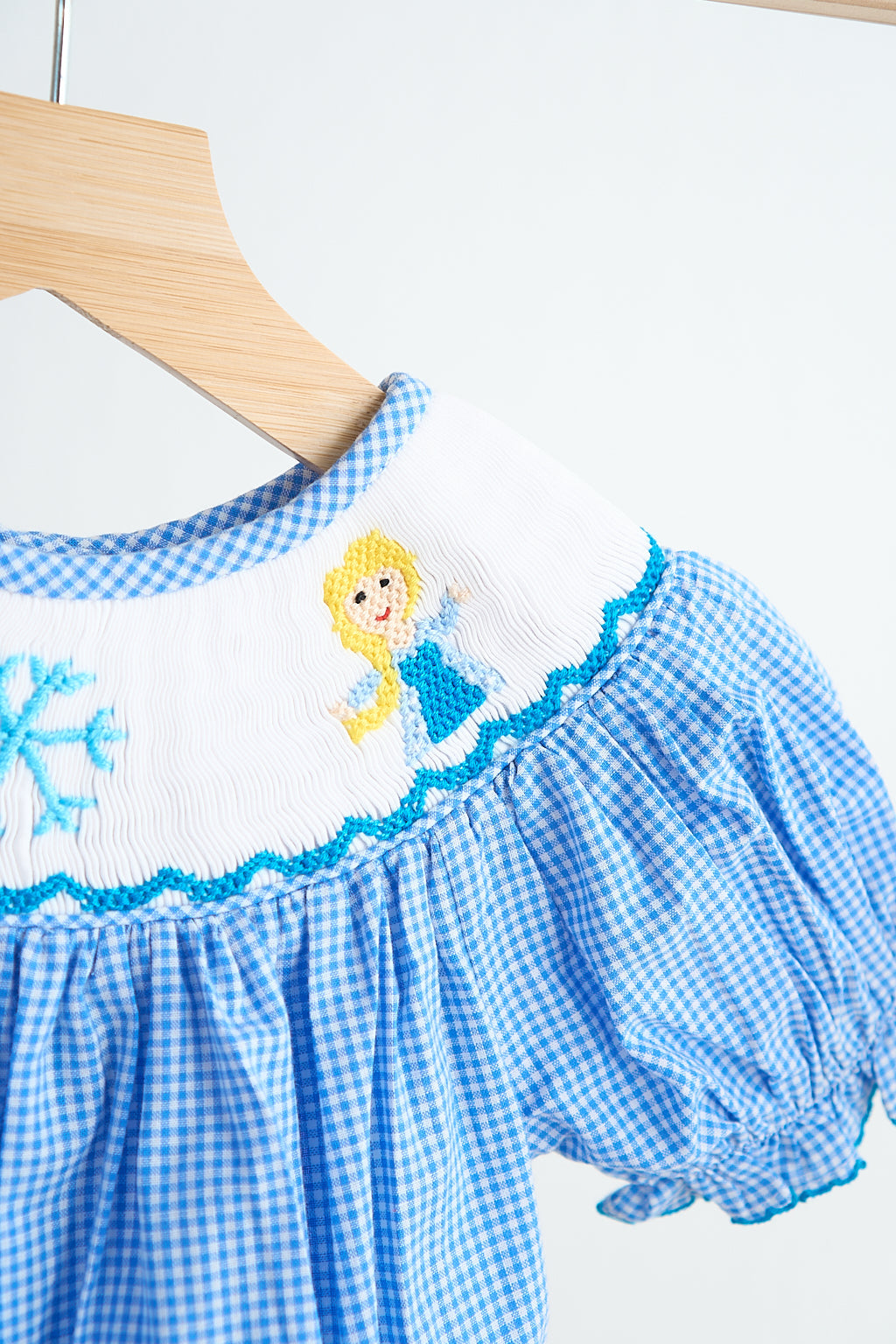 Blue snow princess hand smocked gingham girl romper - Aaria Tees Aaria Tees