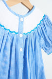 Blue snow princess hand smocked gingham girl romper - Aaria Tees Aaria Tees