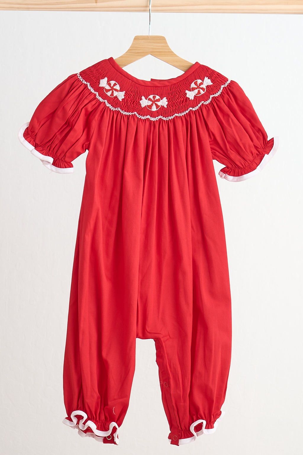Red candy hand smocked girl romper - Aaria Tees