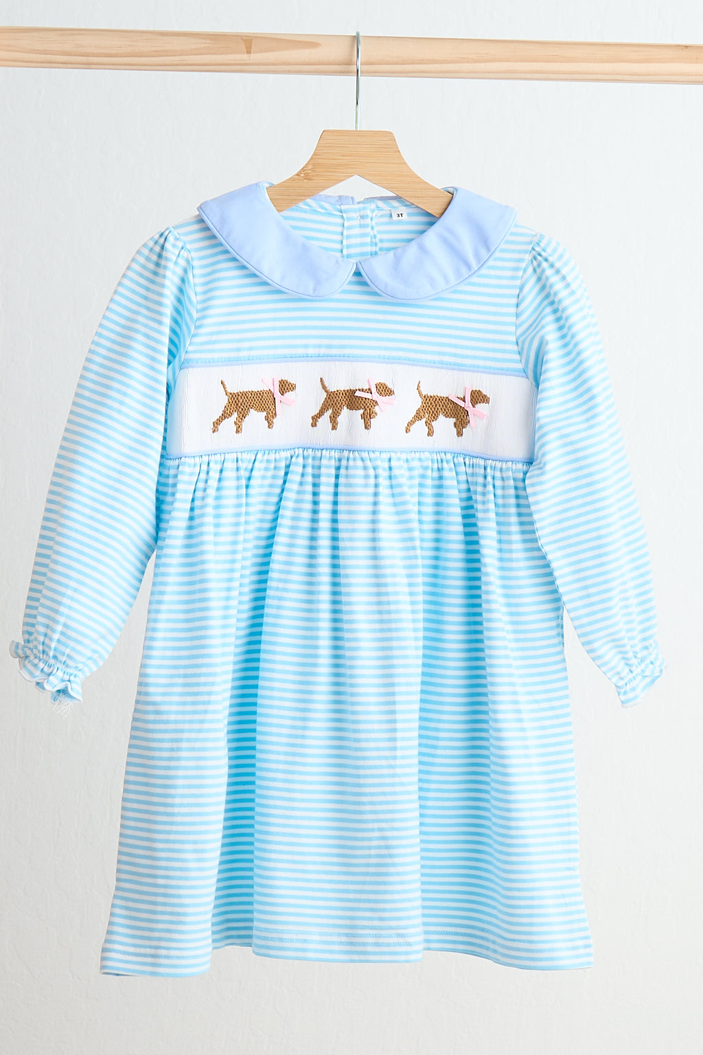 Blue puppy hand smocked stripe dress - Aaria Tees