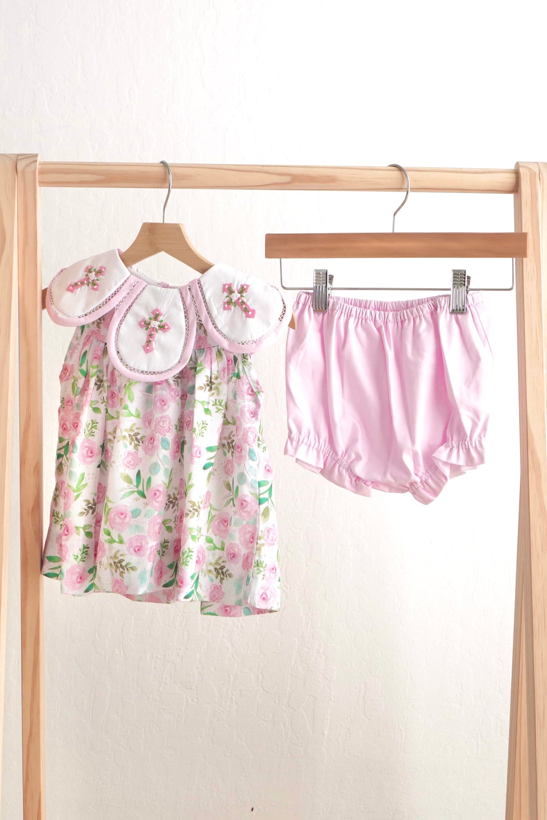 Pink easter cross emrboidery floral girl set - Aaria Tees Aaria Tees