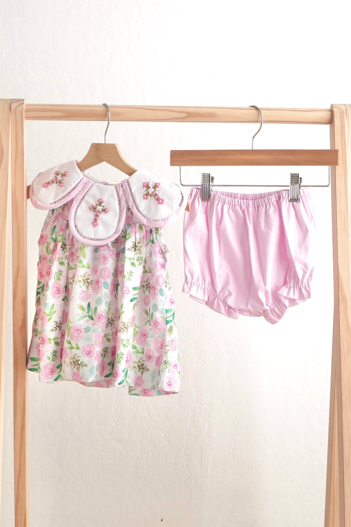 Pink easter cross emrboidery floral girl set - Aaria Tees