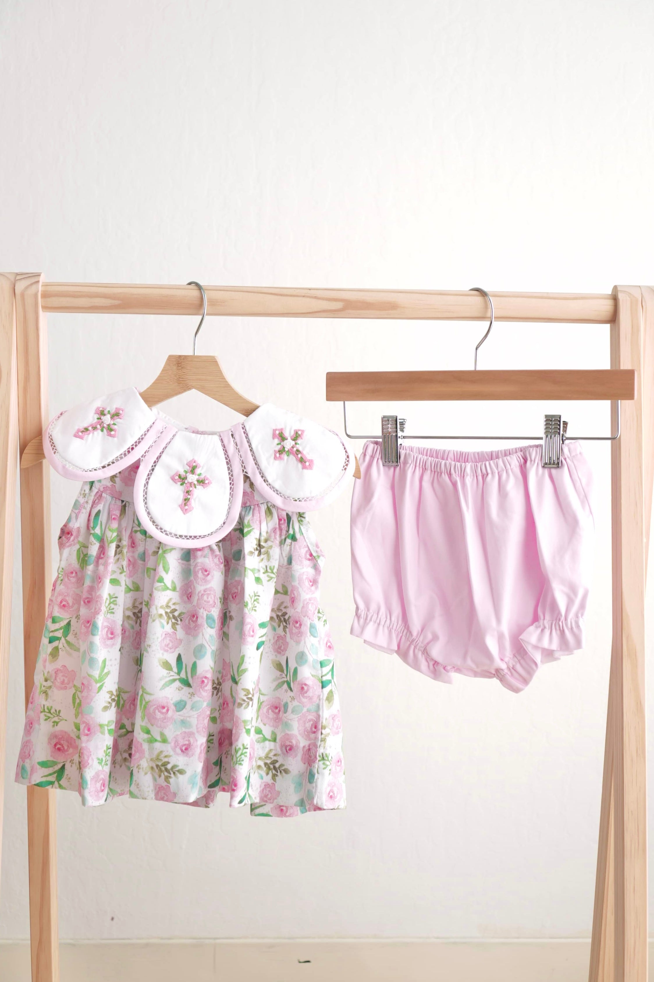 Pink easter cross emrboidery floral girl set - Aaria Tees Aaria Tees