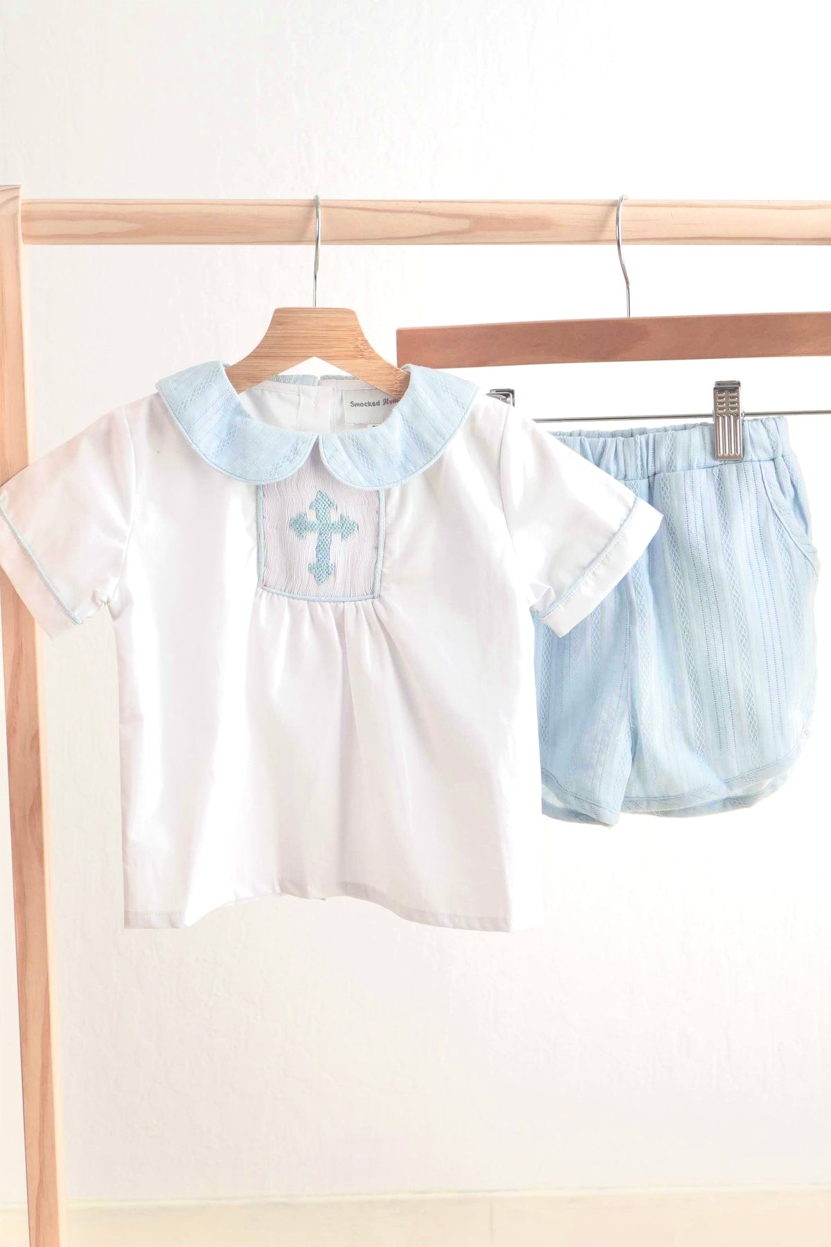 Blue easter cross hand-smocked boy set - Aaria Tees