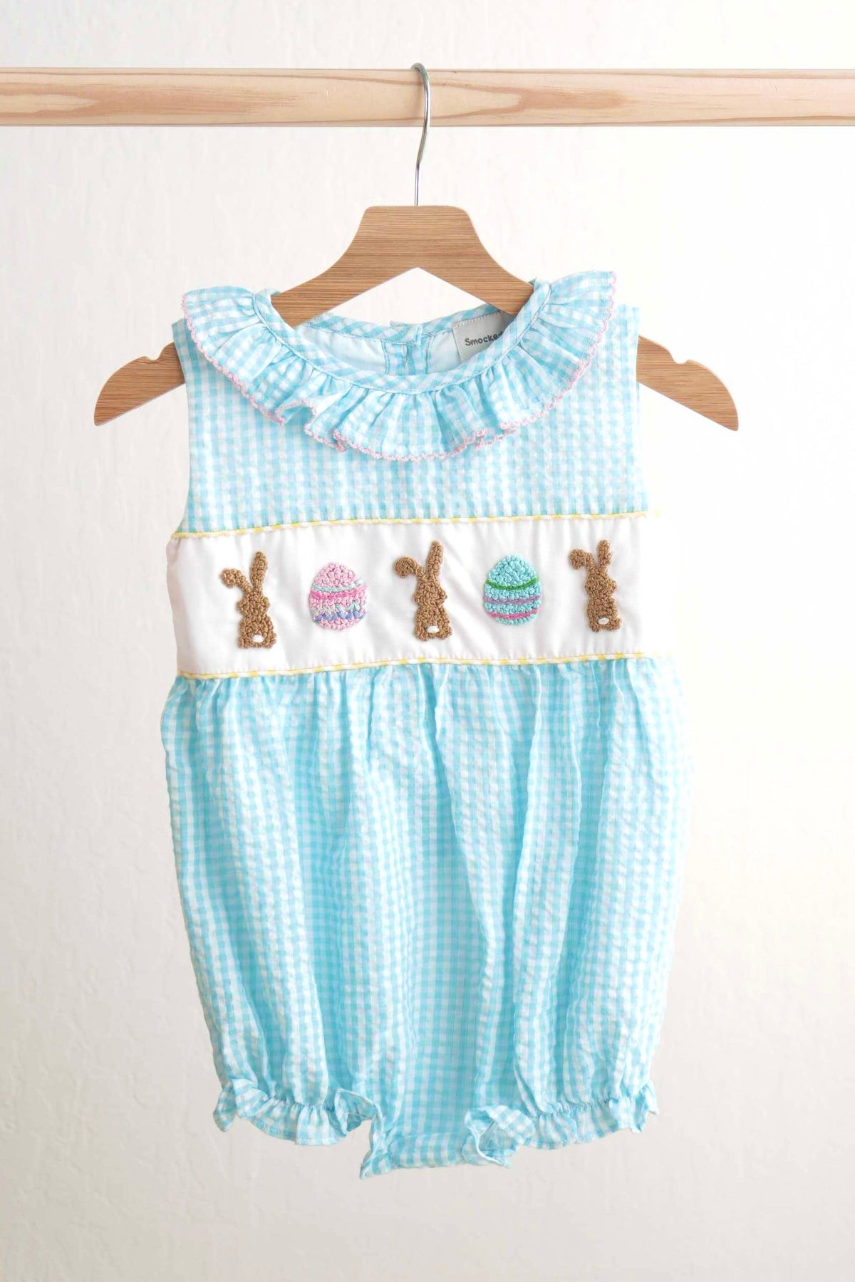 Blue easter bunny egg french knot girl gingham seersucker bubble - Aaria Tees