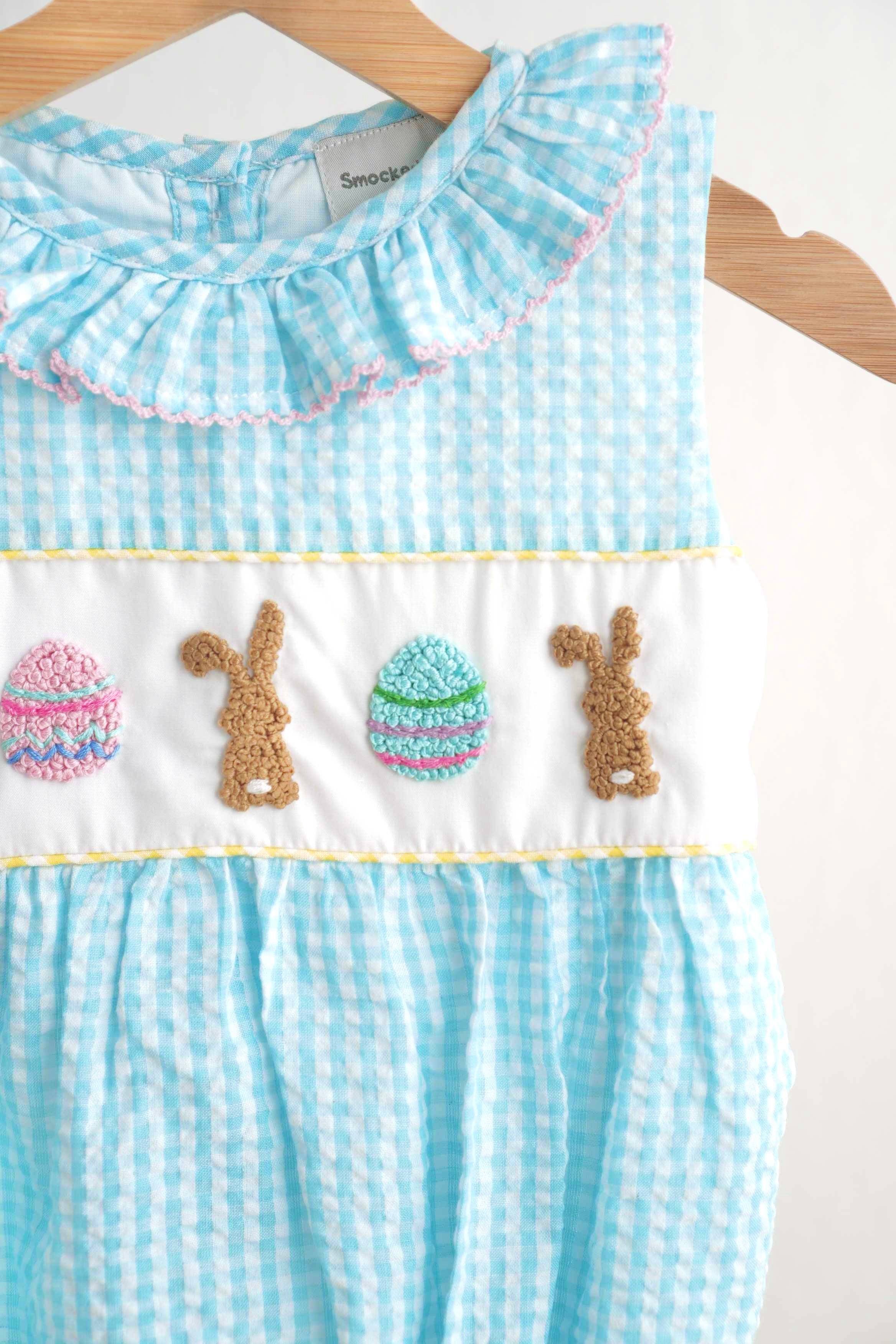 Blue easter bunny egg french knot girl gingham seersucker bubble - Aaria Tees Aaria Tees