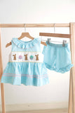 Blue easter bunny egg french knot girl gingham seersucker set - Aaria Tees Aaria Tees