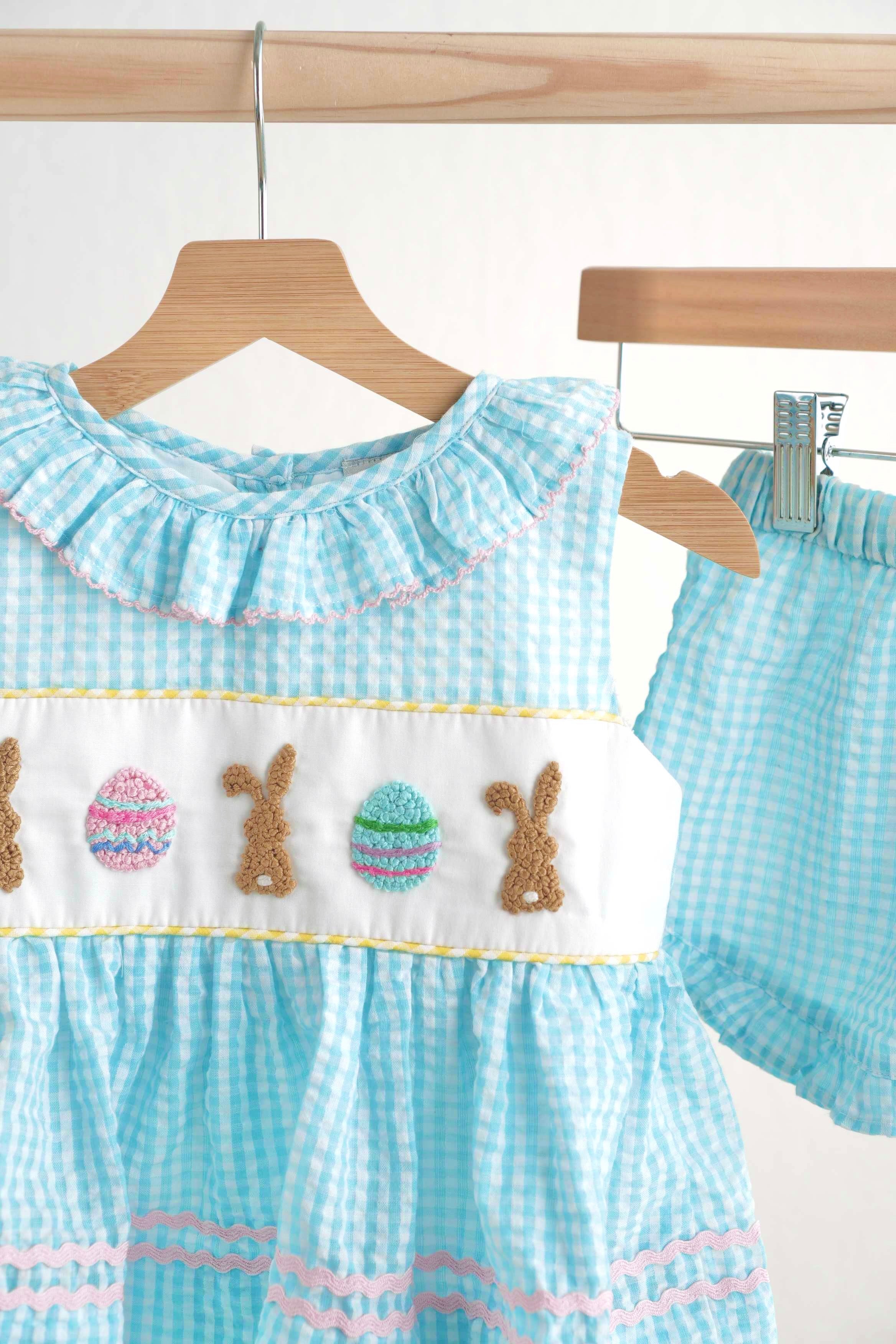 Blue easter bunny egg french knot girl gingham seersucker set - Aaria Tees Aaria Tees