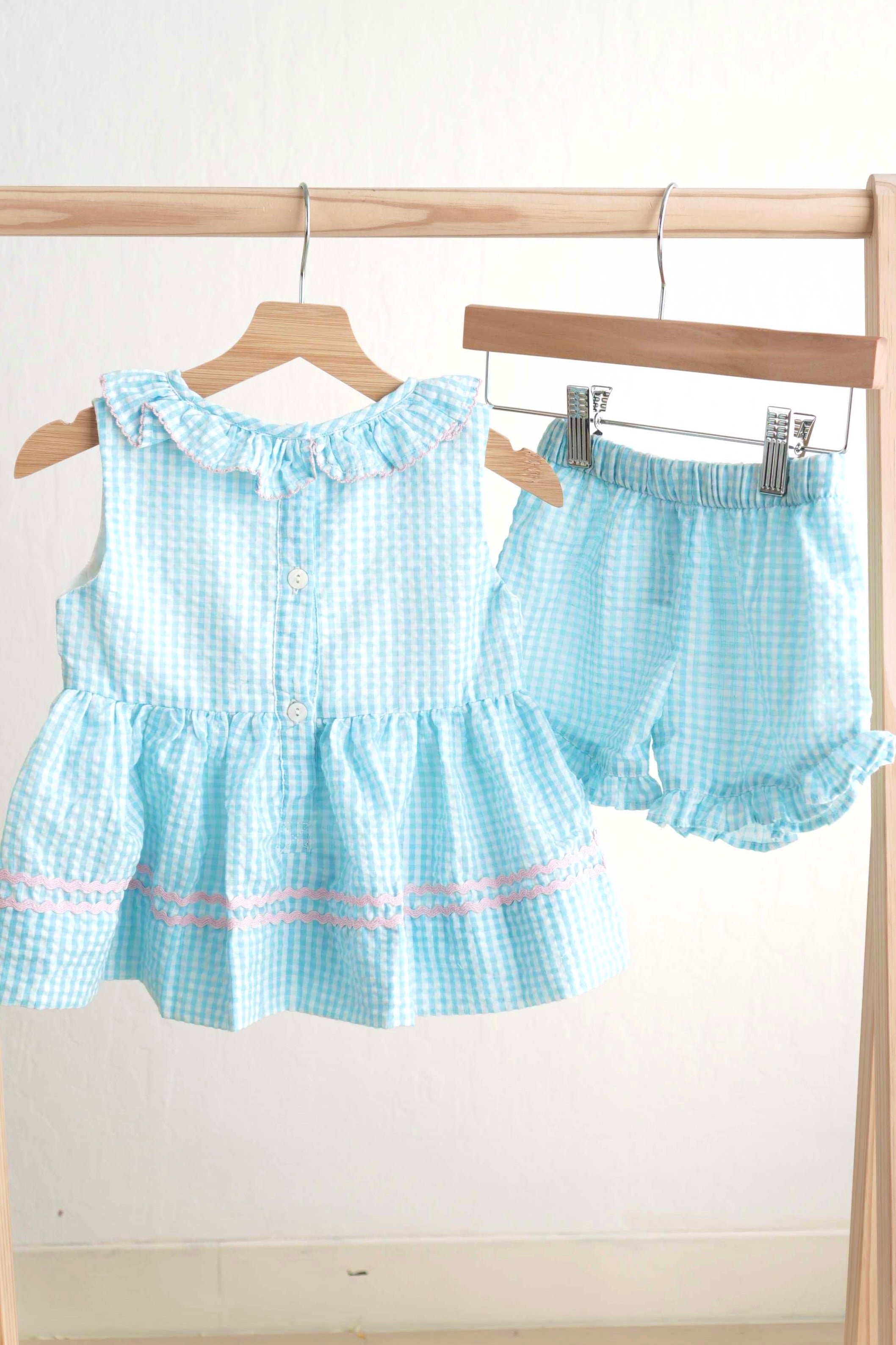 Blue easter bunny egg french knot girl gingham seersucker set - Aaria Tees Aaria Tees