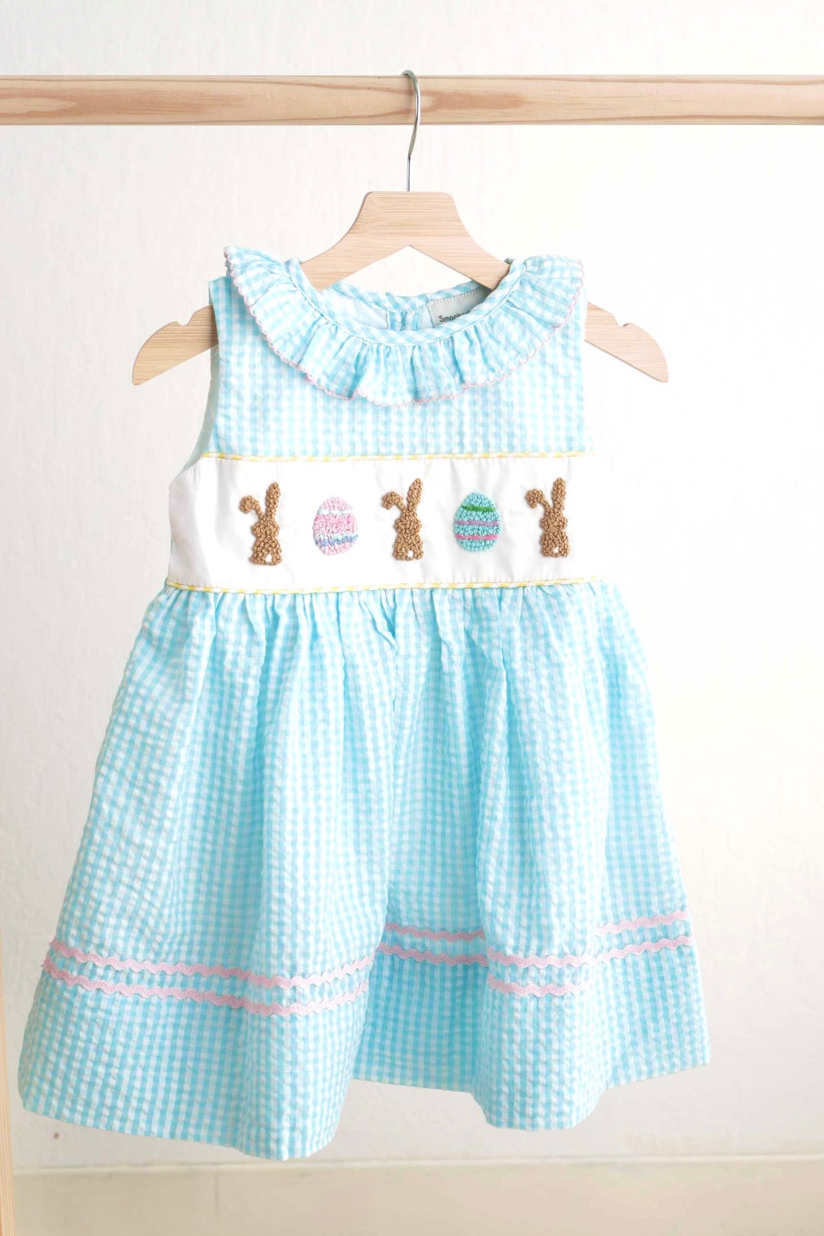 Blue easter bunny egg french knot girl gingham seersucker dress - Aaria Tees