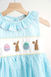 Blue easter bunny egg french knot girl gingham seersucker dress - Aaria Tees Aaria Tees