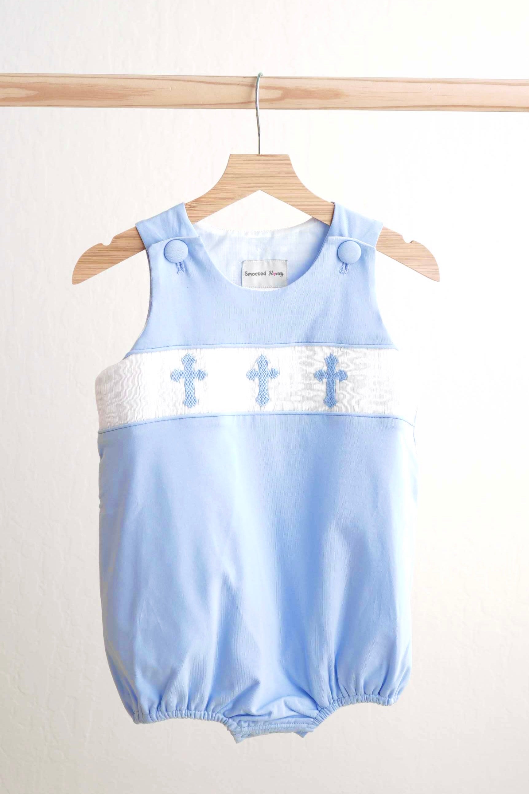 Blue easter cross hand-smokced boy bubble - Aaria Tees Aaria Tees