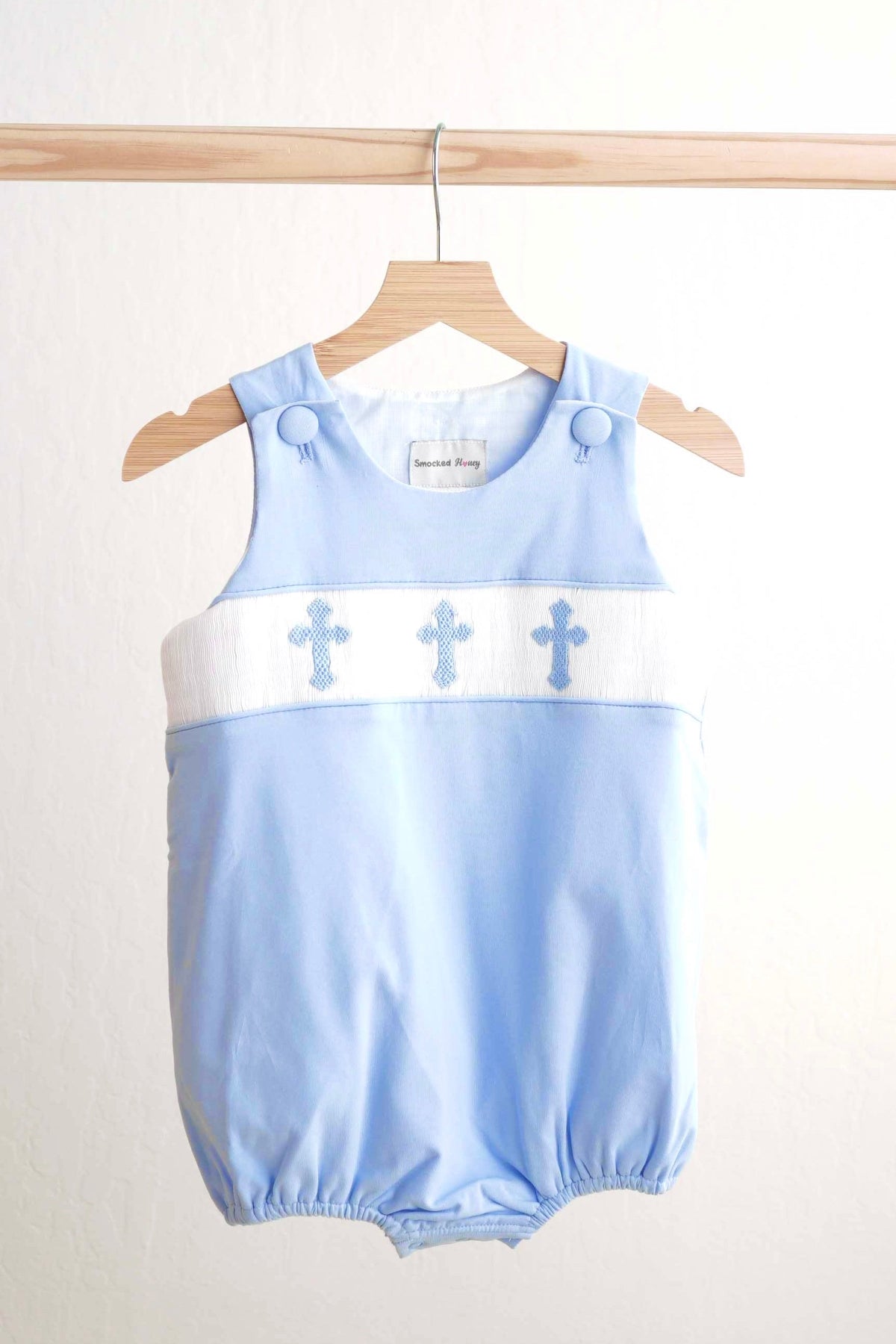 Blue easter cross hand-smokced boy bubble - Aaria Tees