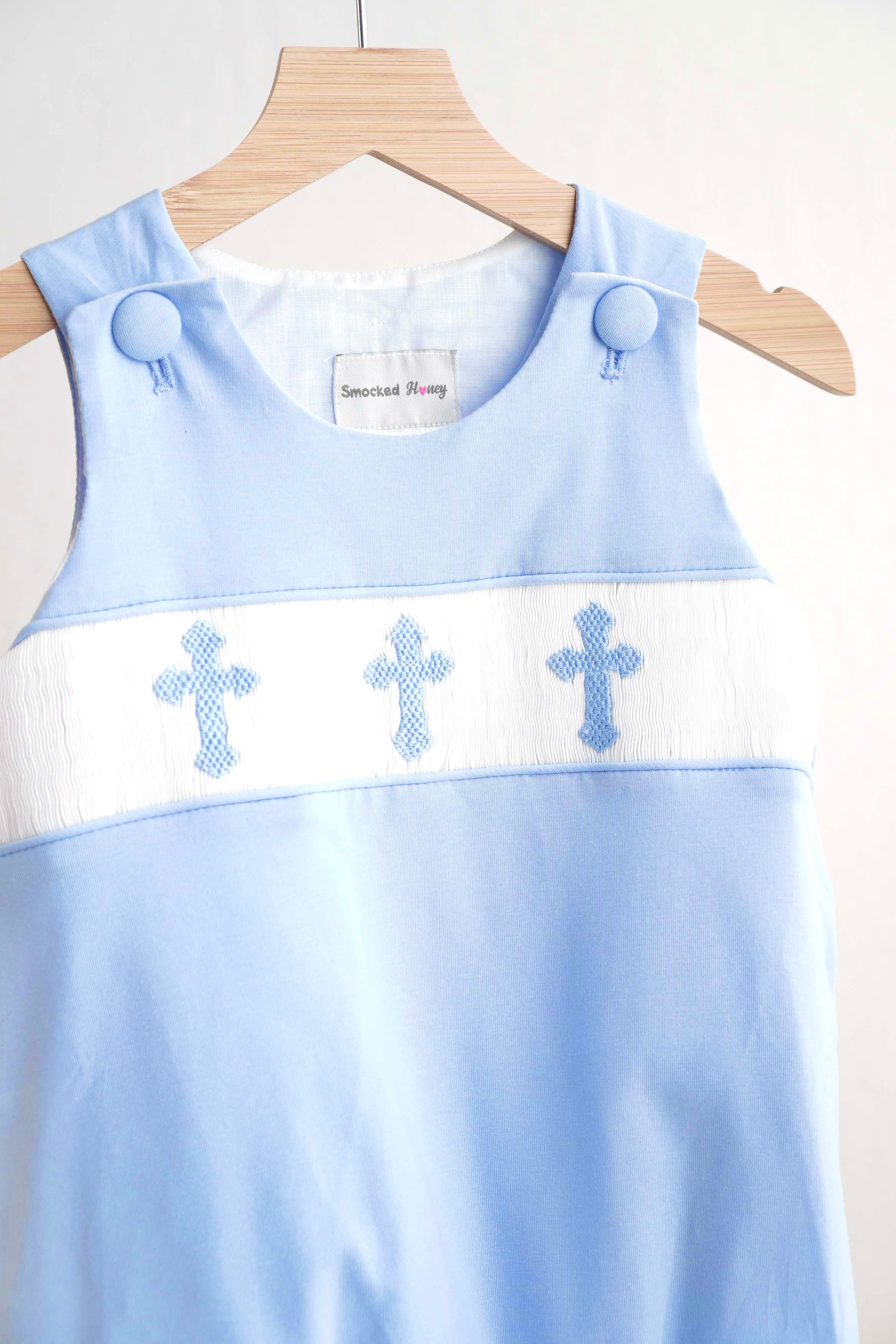 Blue easter cross hand-smokced boy bubble - Aaria Tees Aaria Tees