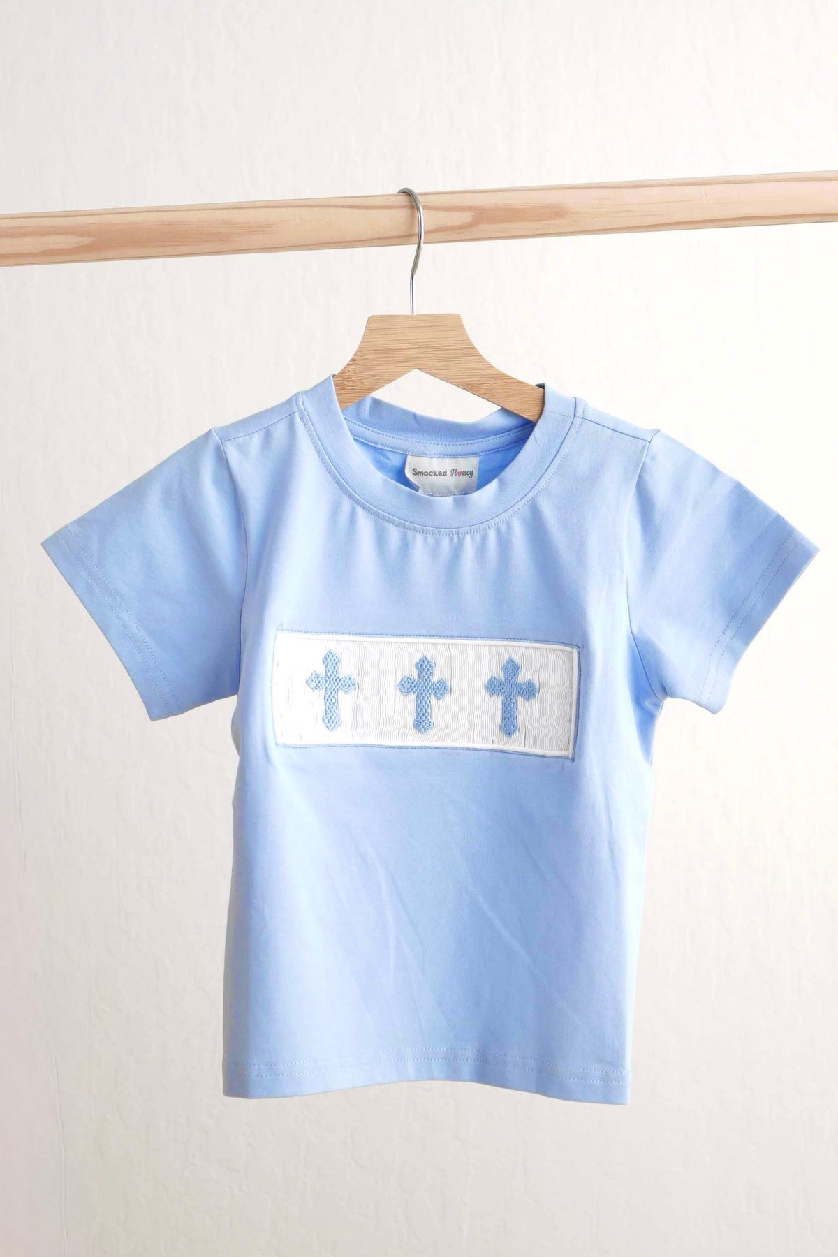 Blue easter cross hand-smokced boy top - Aaria Tees