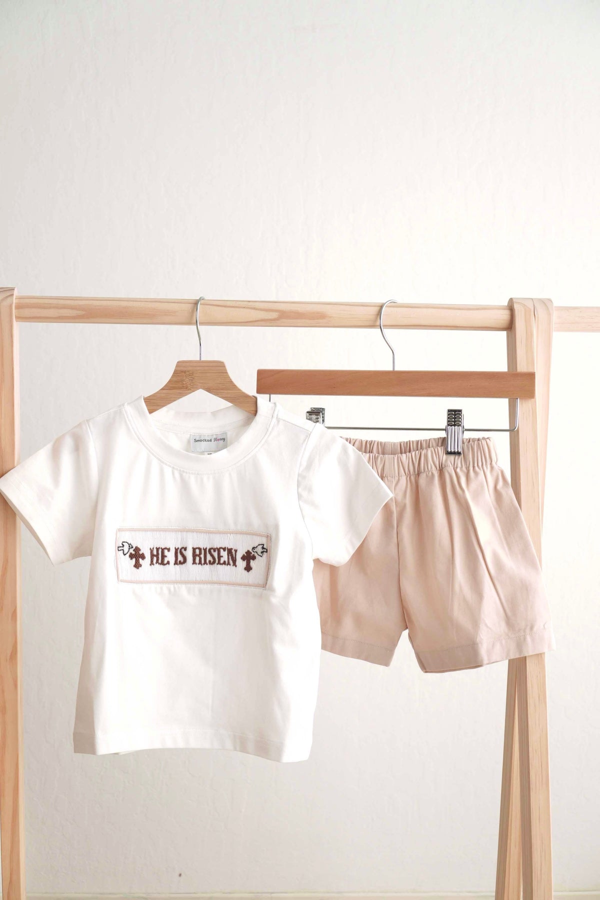 Khaki he is risen hand-smocked boy set - Aaria Tees