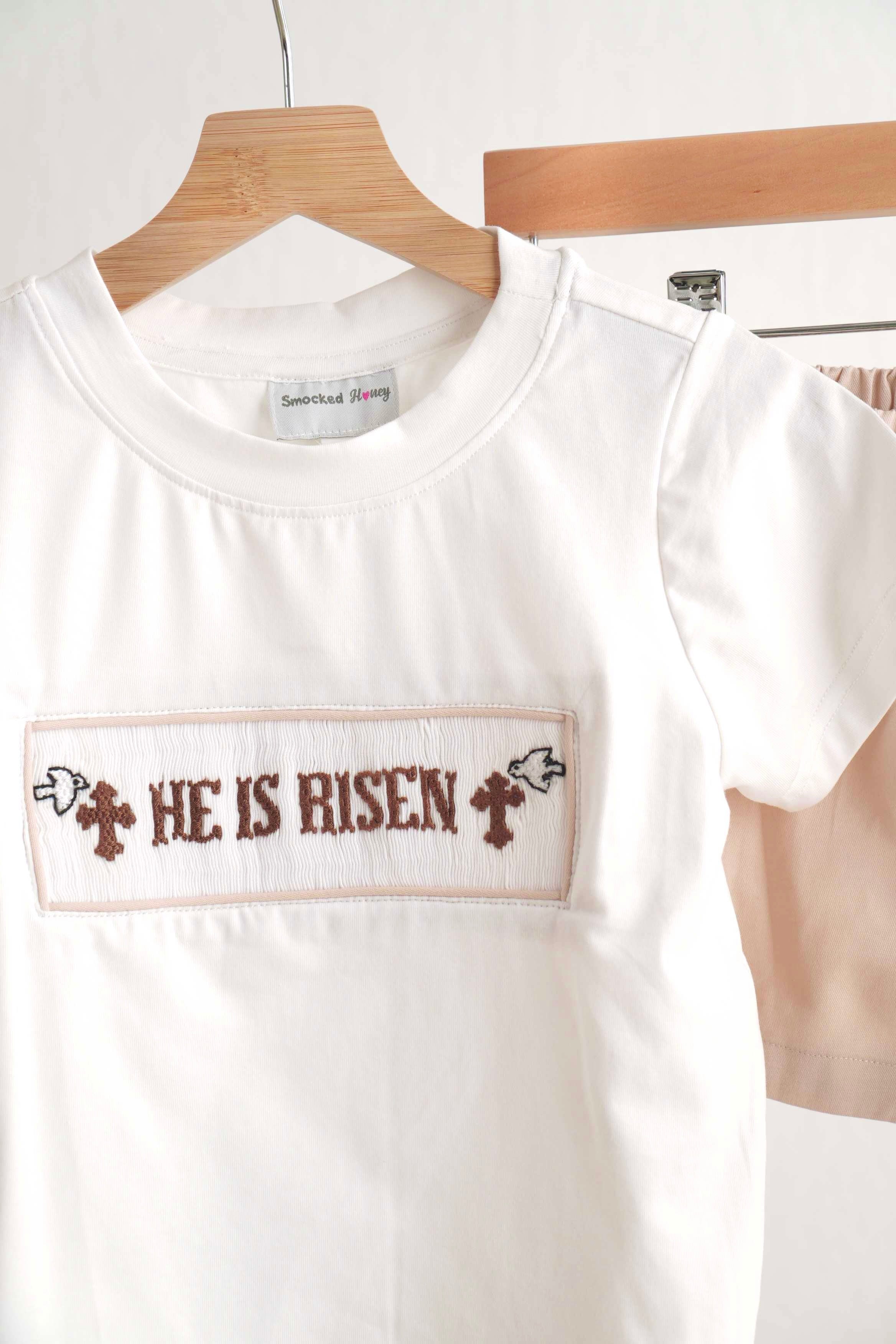 Khaki he is risen hand-smocked boy set - Aaria Tees Aaria Tees