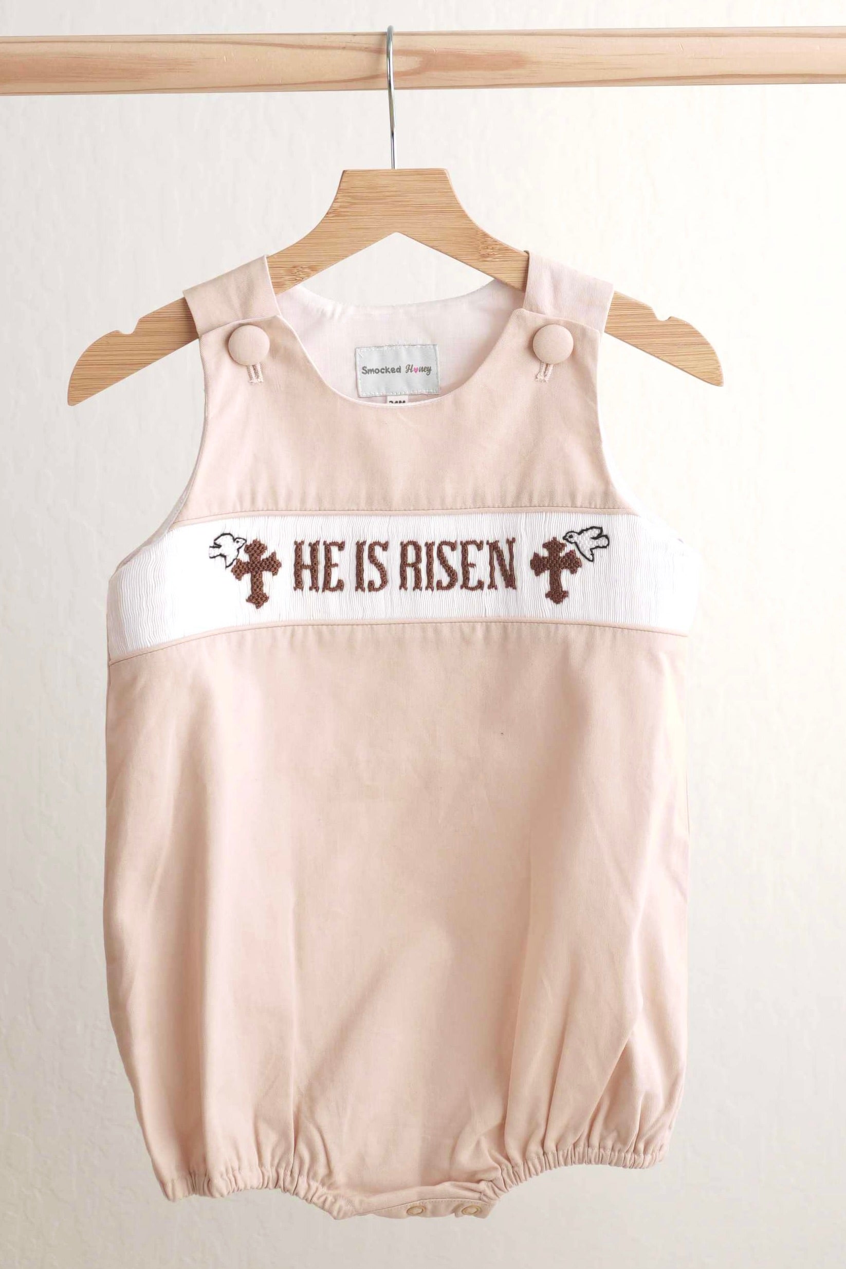 Khaki he is risen hand-smocked boy bubble - Aaria Tees Aaria Tees