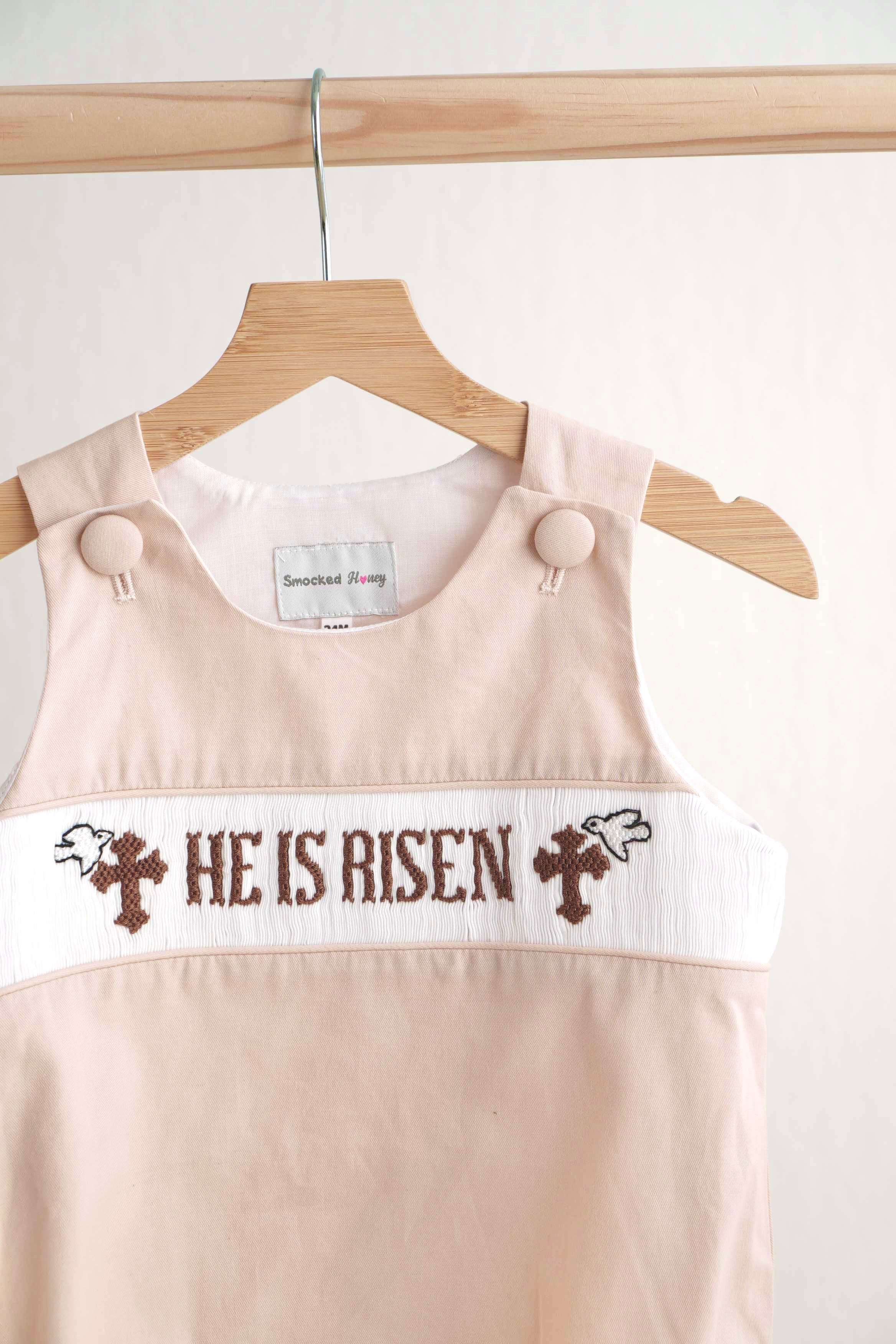 Khaki he is risen hand-smocked boy bubble - Aaria Tees Aaria Tees
