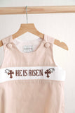 Khaki he is risen hand-smocked boy bubble - Aaria Tees Aaria Tees