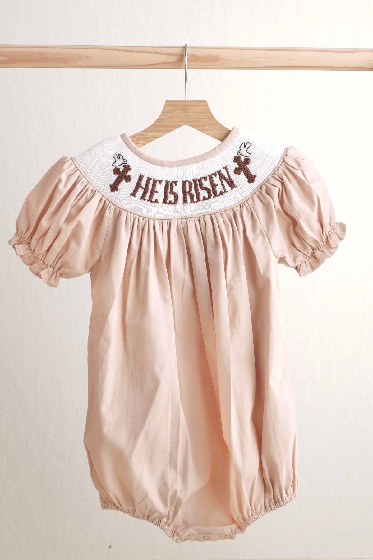Khaki he is risen hand-smocked girl bubble - Aaria Tees