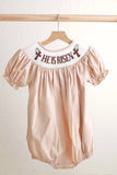 Khaki he is risen hand-smocked girl bubble - Aaria Tees Aaria Tees