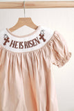Khaki he is risen hand-smocked girl bubble - Aaria Tees Aaria Tees