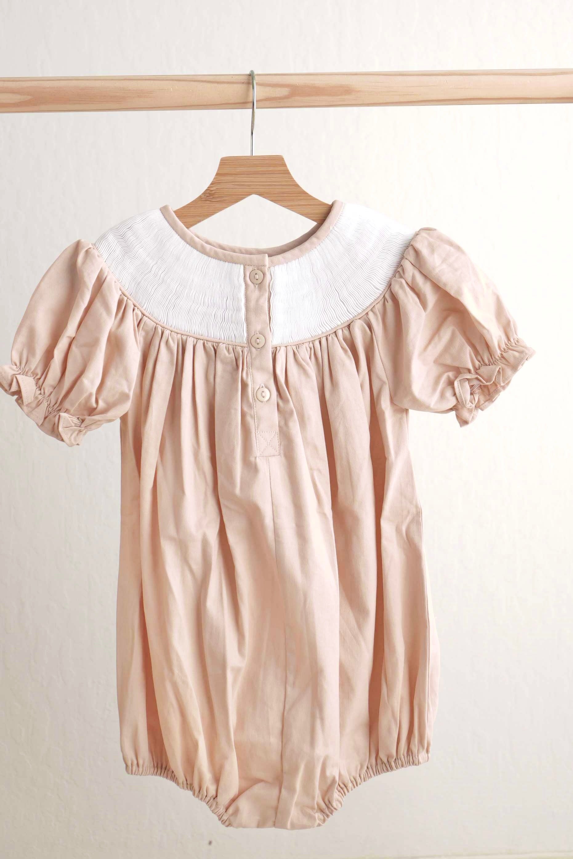Khaki he is risen hand-smocked girl bubble - Aaria Tees Aaria Tees