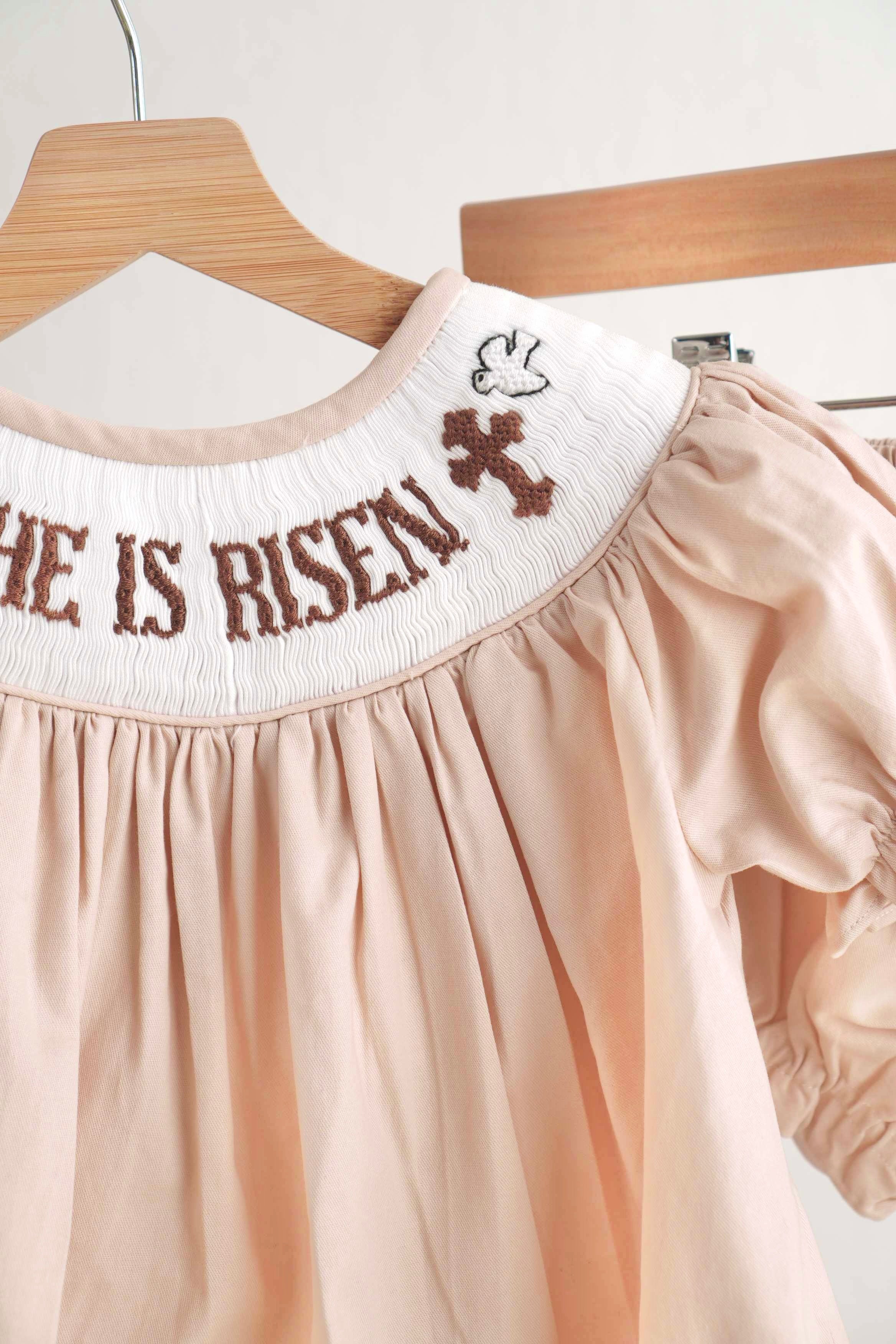 Khaki he is risen hand-smocked girl bloomer set - Aaria Tees Aaria Tees