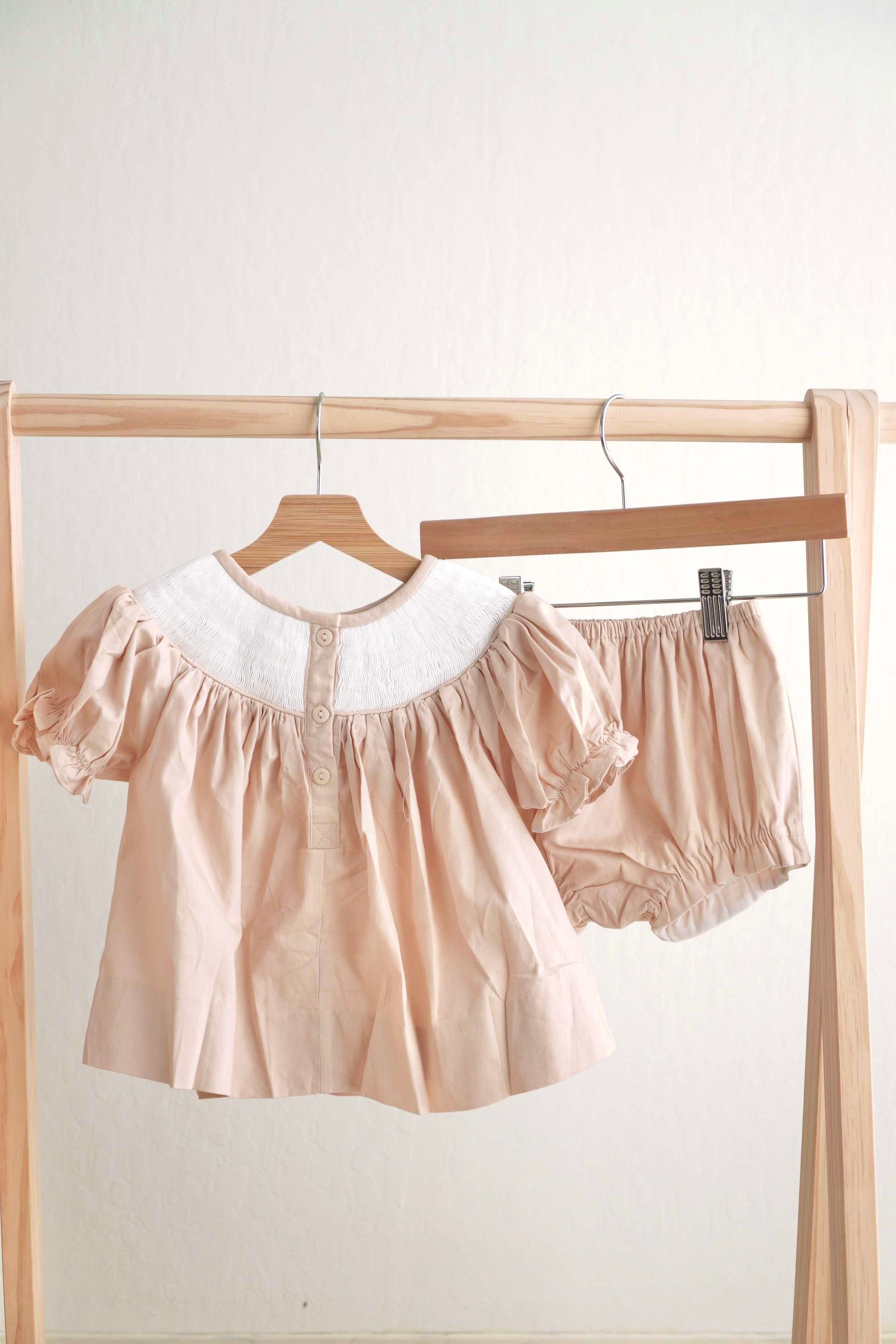 Khaki he is risen hand-smocked girl bloomer set - Aaria Tees Aaria Tees