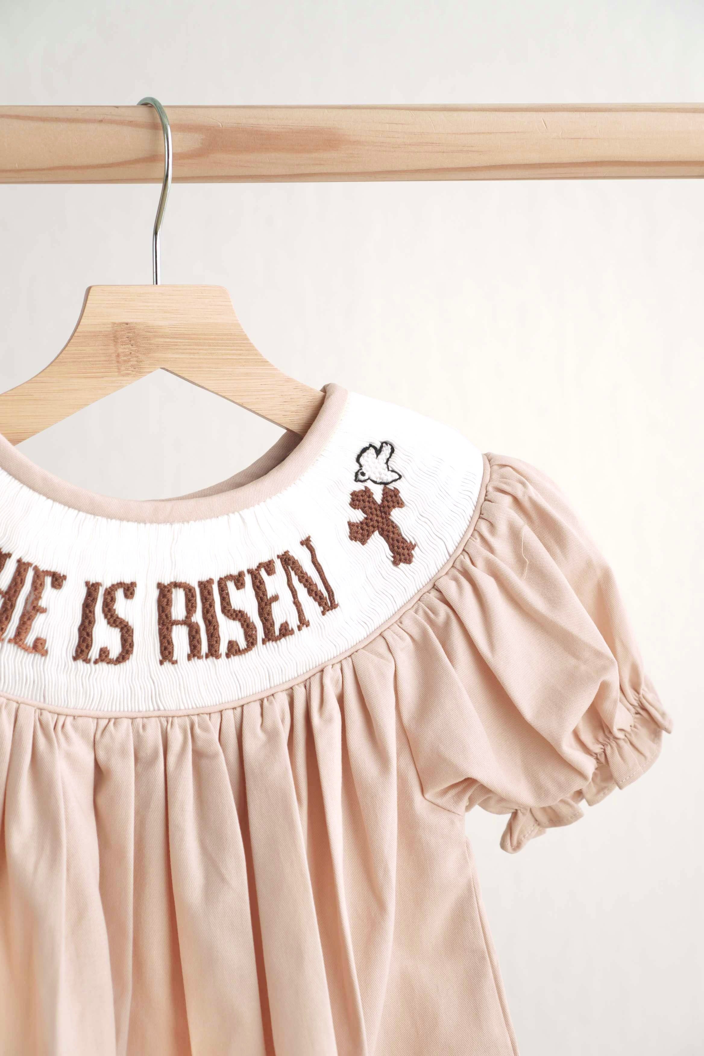 Khaki he is risen hand-smocked girl dress - Aaria Tees Aaria Tees