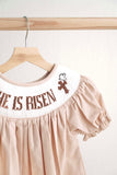 Khaki he is risen hand-smocked girl dress - Aaria Tees Aaria Tees