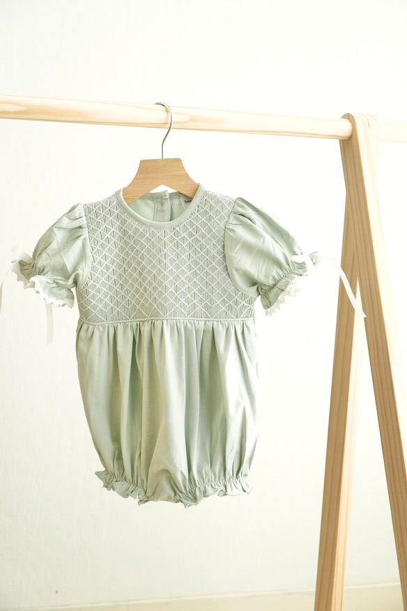 Sage hand-smocked lace girl bubble - Aaria Tees Aaria Tees