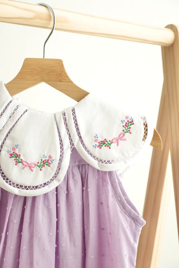 Lavender floral bow embroidery swiss dot girl dress - Aaria Tees Aaria Tees