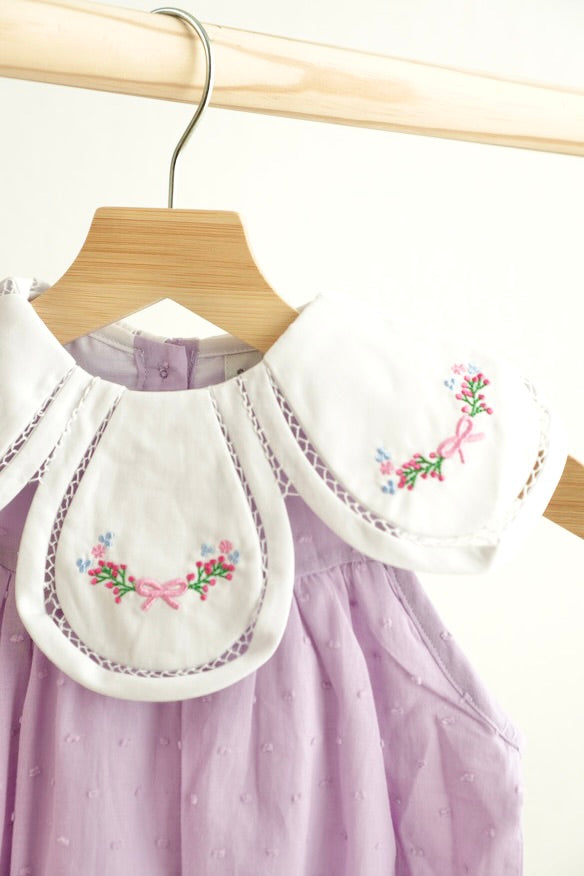 Lavender floral bow embroidery swiss dot girl bubble - Aaria Tees Aaria Tees