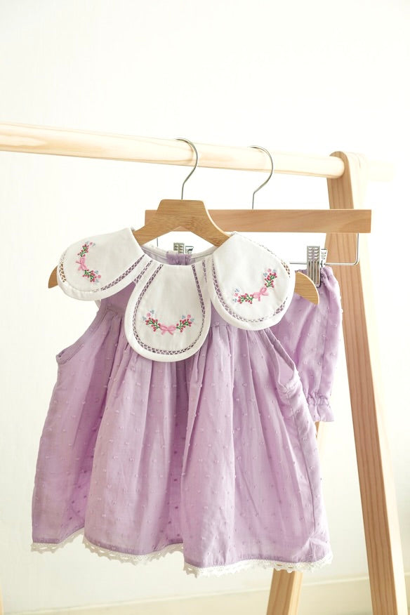 Lavender floral bow embroidery swiss dot girl bloomer set - Aaria Tees
