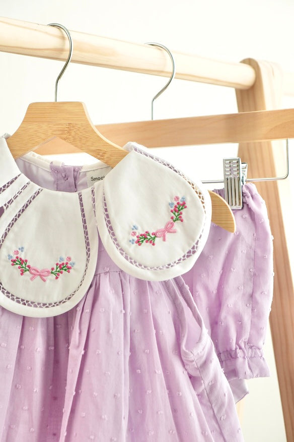 Lavender floral bow embroidery swiss dot girl bloomer set - Aaria Tees Aaria Tees