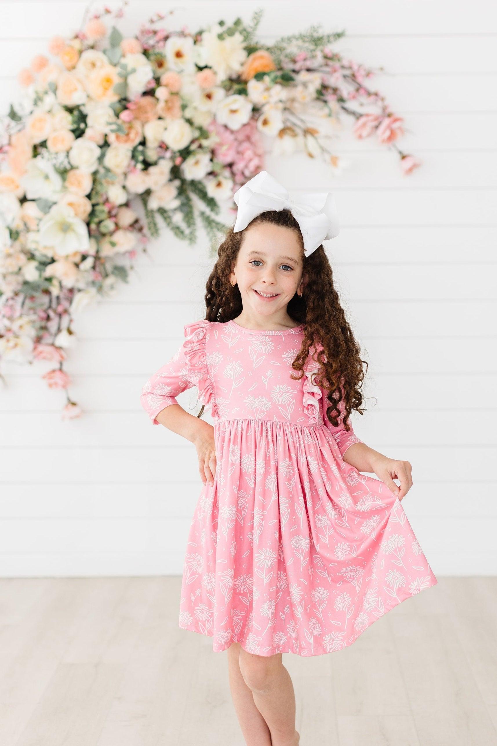 Dahlia Doodles 3/4 Sleeve Ruffle Twirl Dress - Aaria Tees Aaria Tees