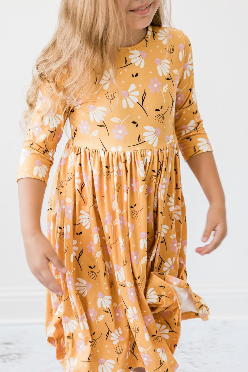 Dandelions in Fall 3/4 Sleeve Pocket Twirl Dress - Aaria Tees Aaria Tees