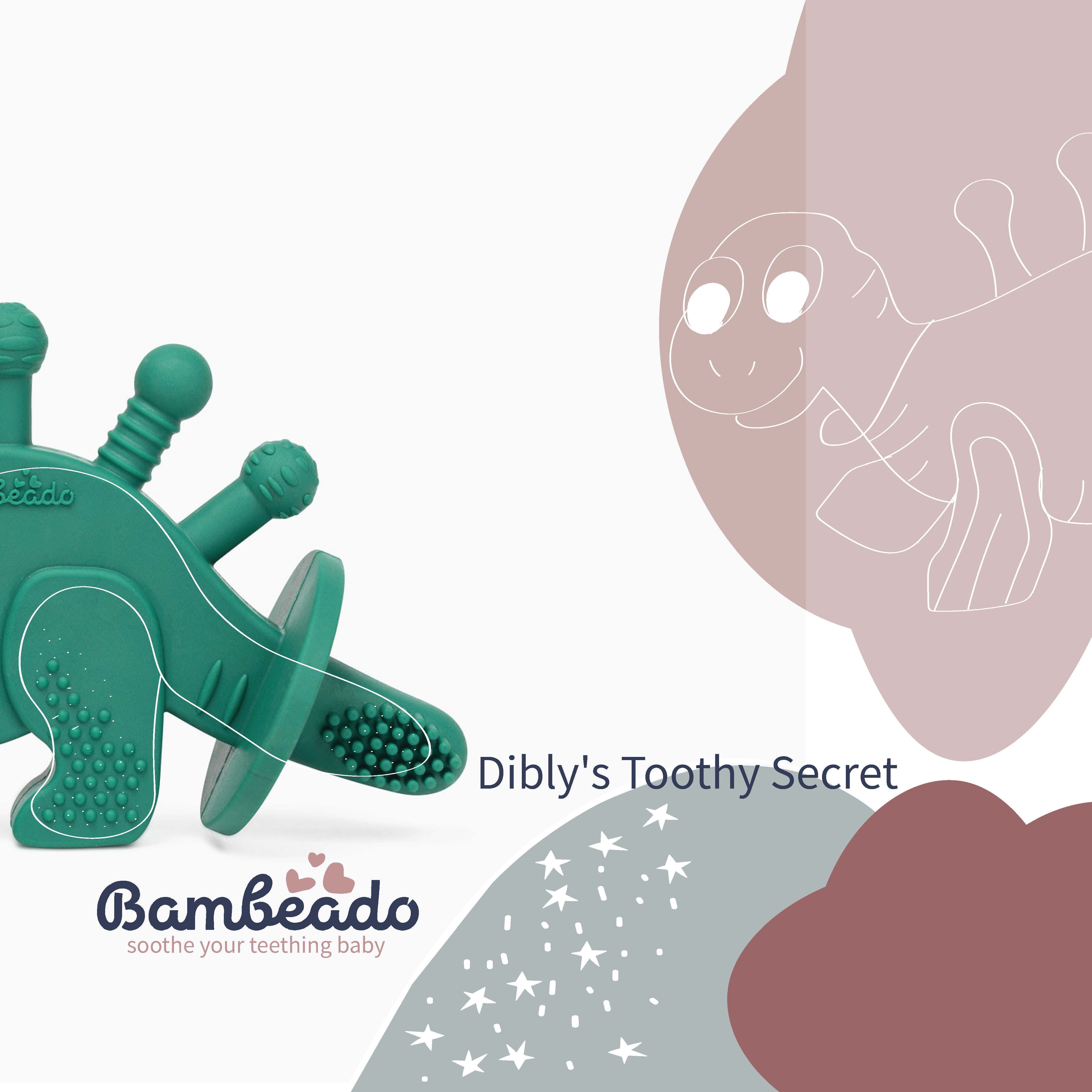 Dibly - Green - Baltic Amber & Natural Rubber Dinosaur Teether with Toothbrush Tail - Aaria Tees Aaria Tees