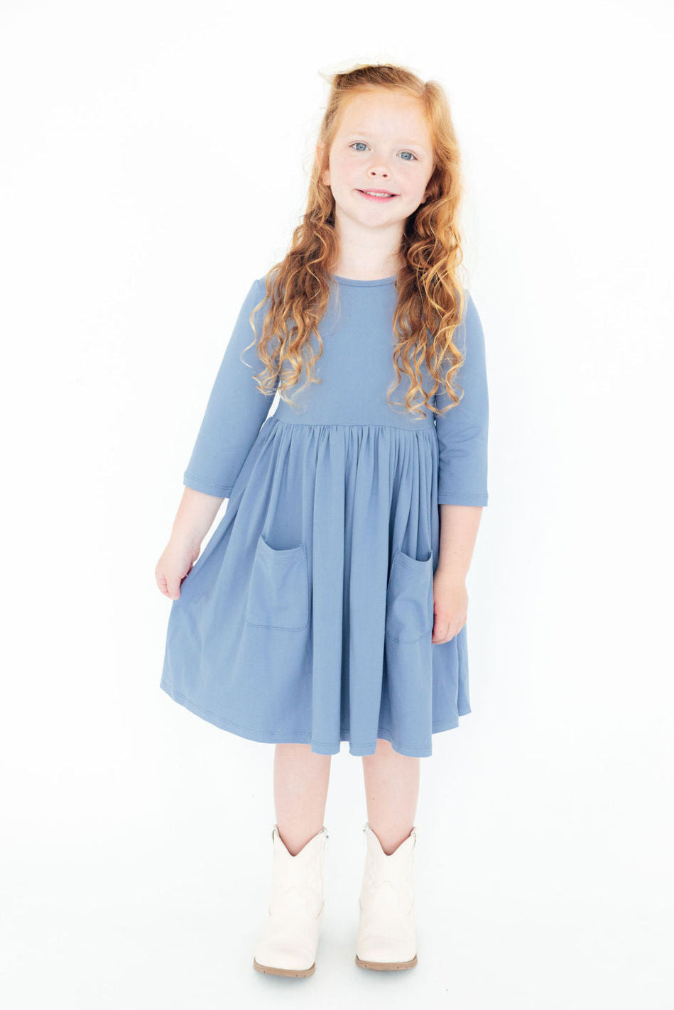 Dusty Blue 3/4 Sleeve Pocket Twirl Dress - Aaria Tees Aaria Tees