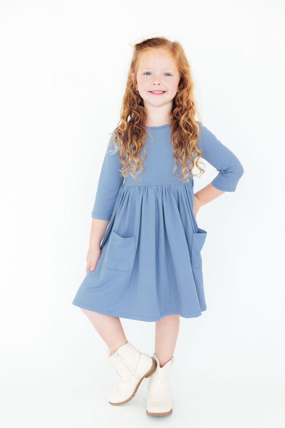 Dusty Blue 3/4 Sleeve Pocket Twirl Dress - Aaria Tees Aaria Tees