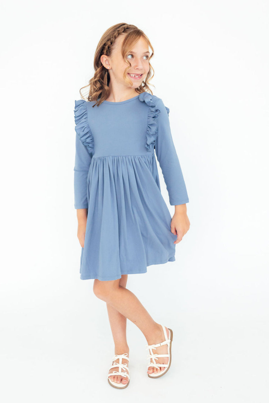 Dusty Blue L/S Ruffle Twirl Dress - Aaria Tees Aaria Tees