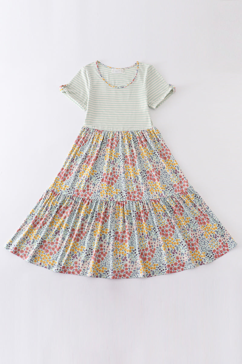 Platinum flroal print stripe tiered dress for adult - Aaria Tees Aaria Tees