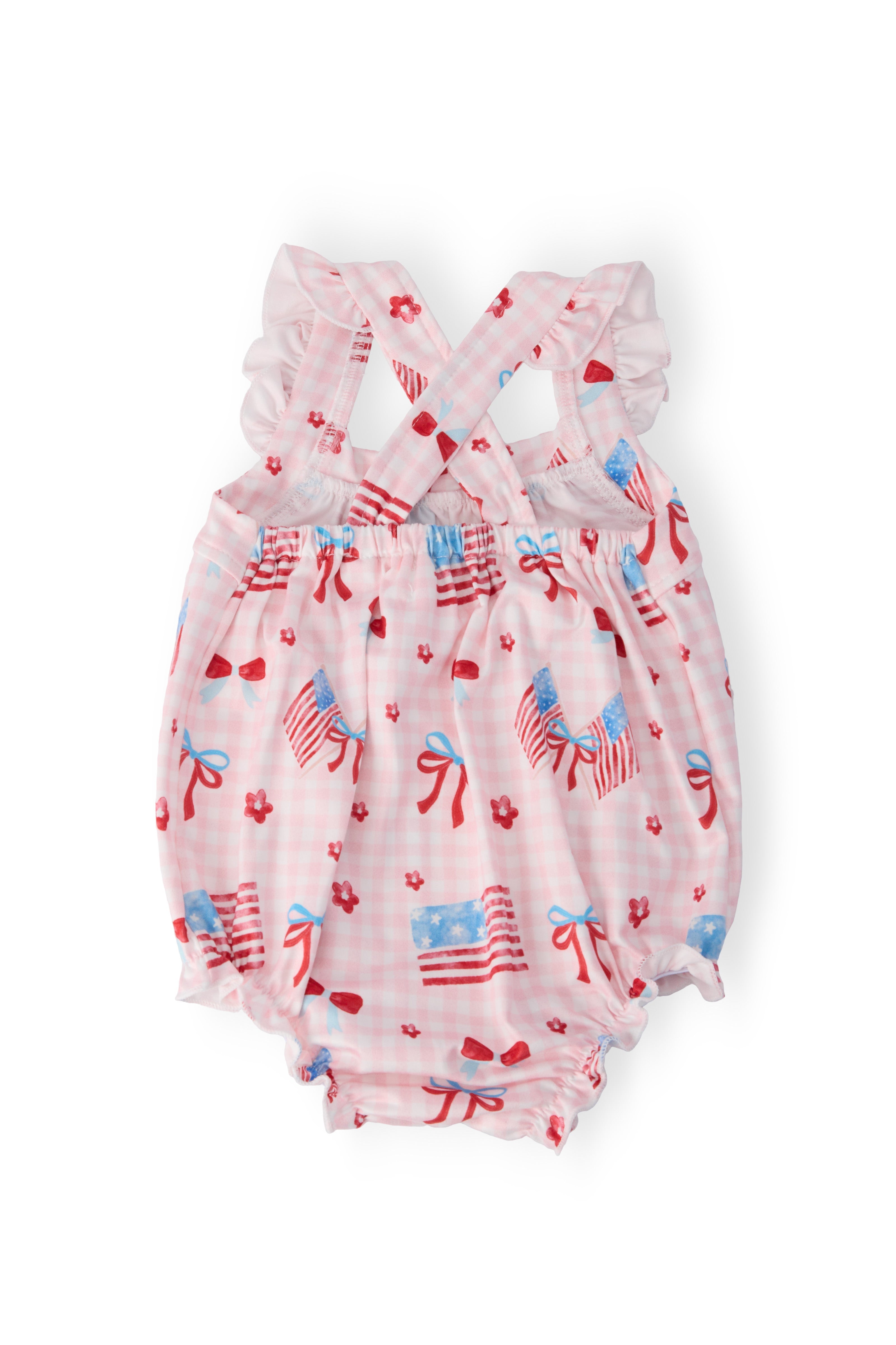 Fancy Flags Ruffle Cross Back Romper - Aaria Tees Aaria Tees