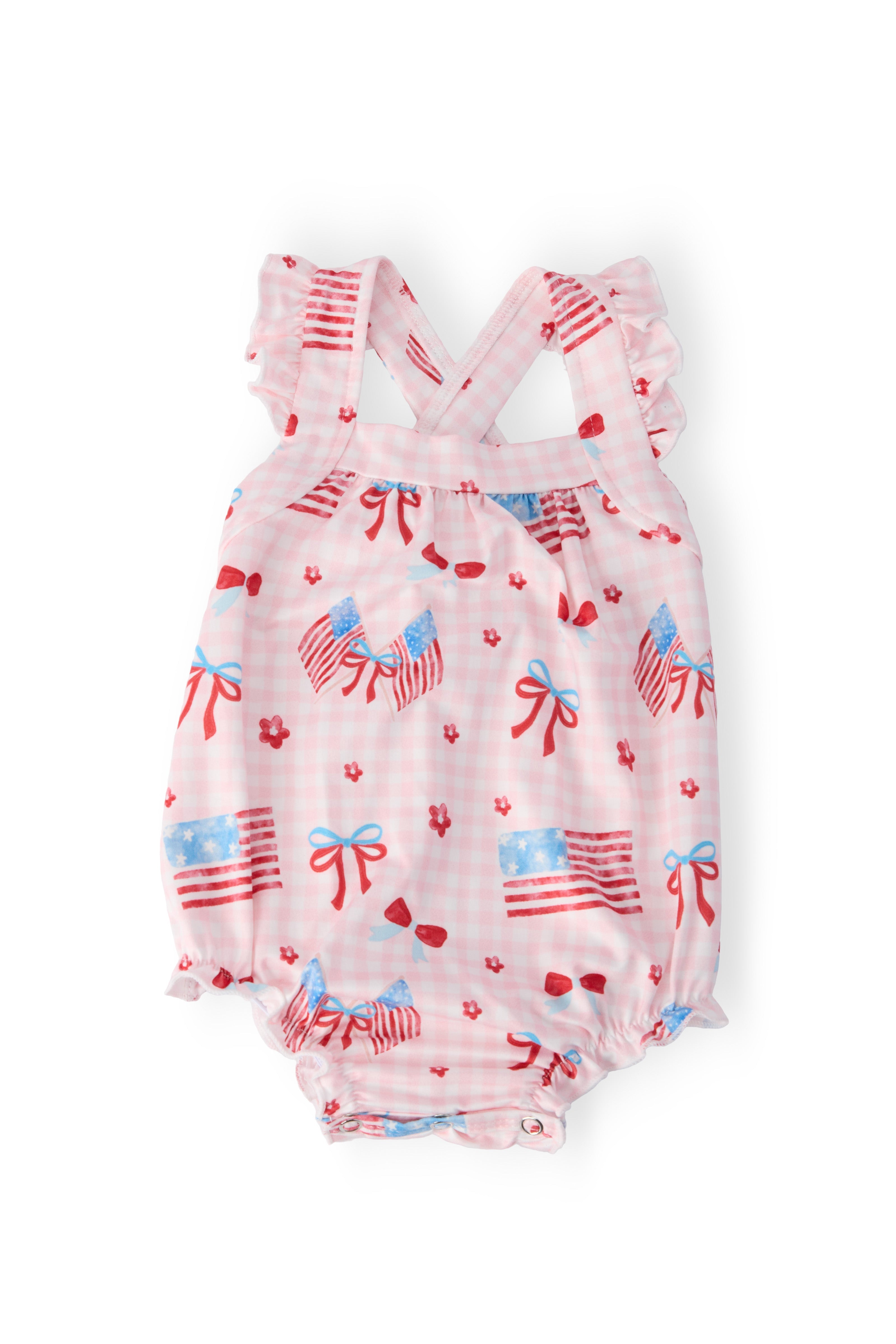 Fancy Flags Ruffle Cross Back Romper - Aaria Tees Aaria Tees