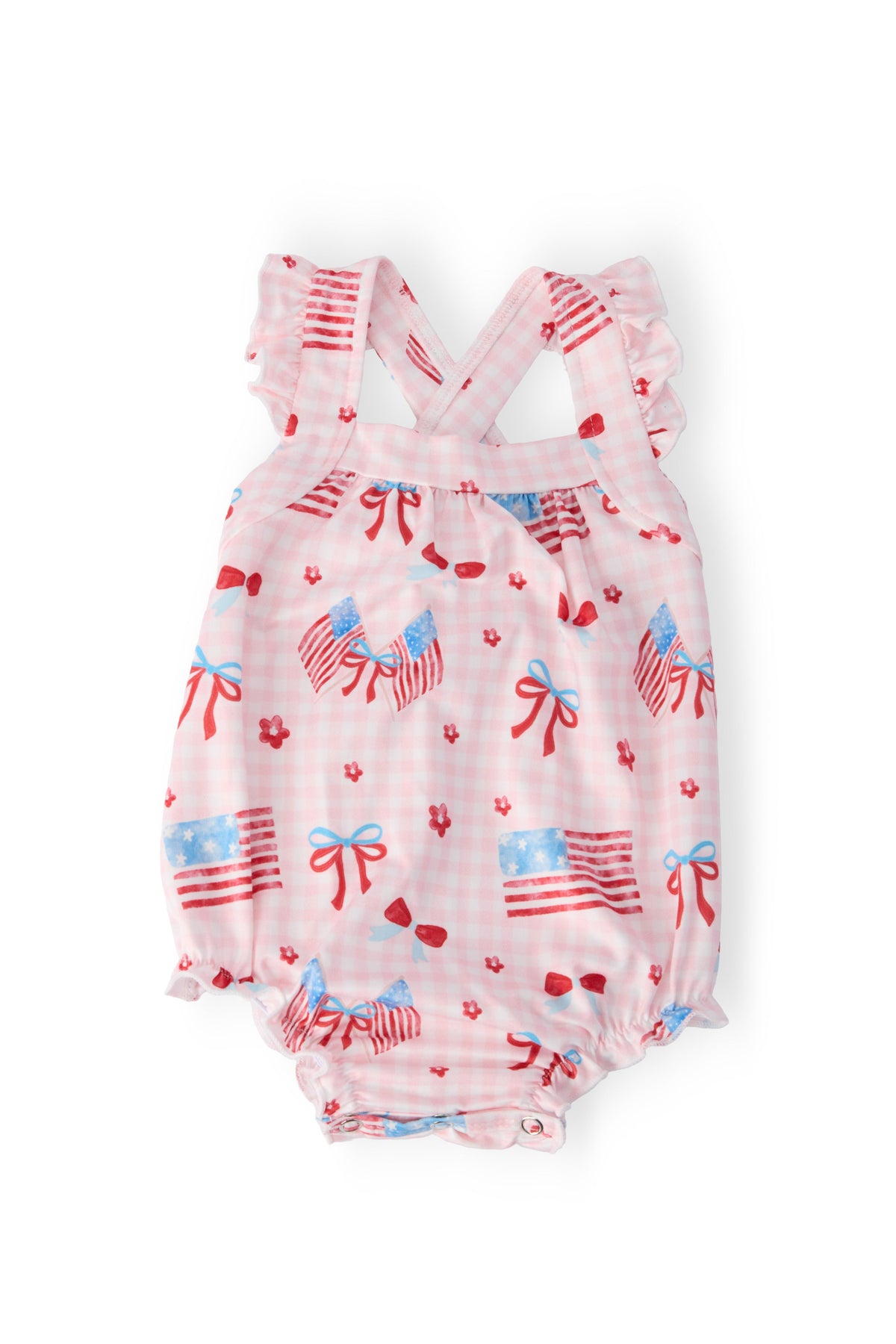 Fancy Flags Ruffle Cross Back Romper - Aaria Tees